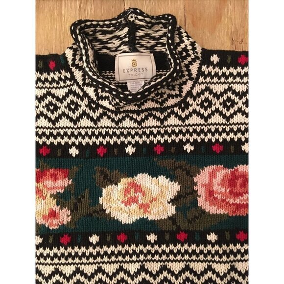 Vintage Express Tricot Sweater Chunky Oversize Floral Grandma Size Large - Picture 2 of 5